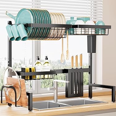 1pcの食器乾燥ラック、多機能な食器排水ホルダー 食器 置き場 シンク上 水切り かご 水切りラック 排水 スリム 水が